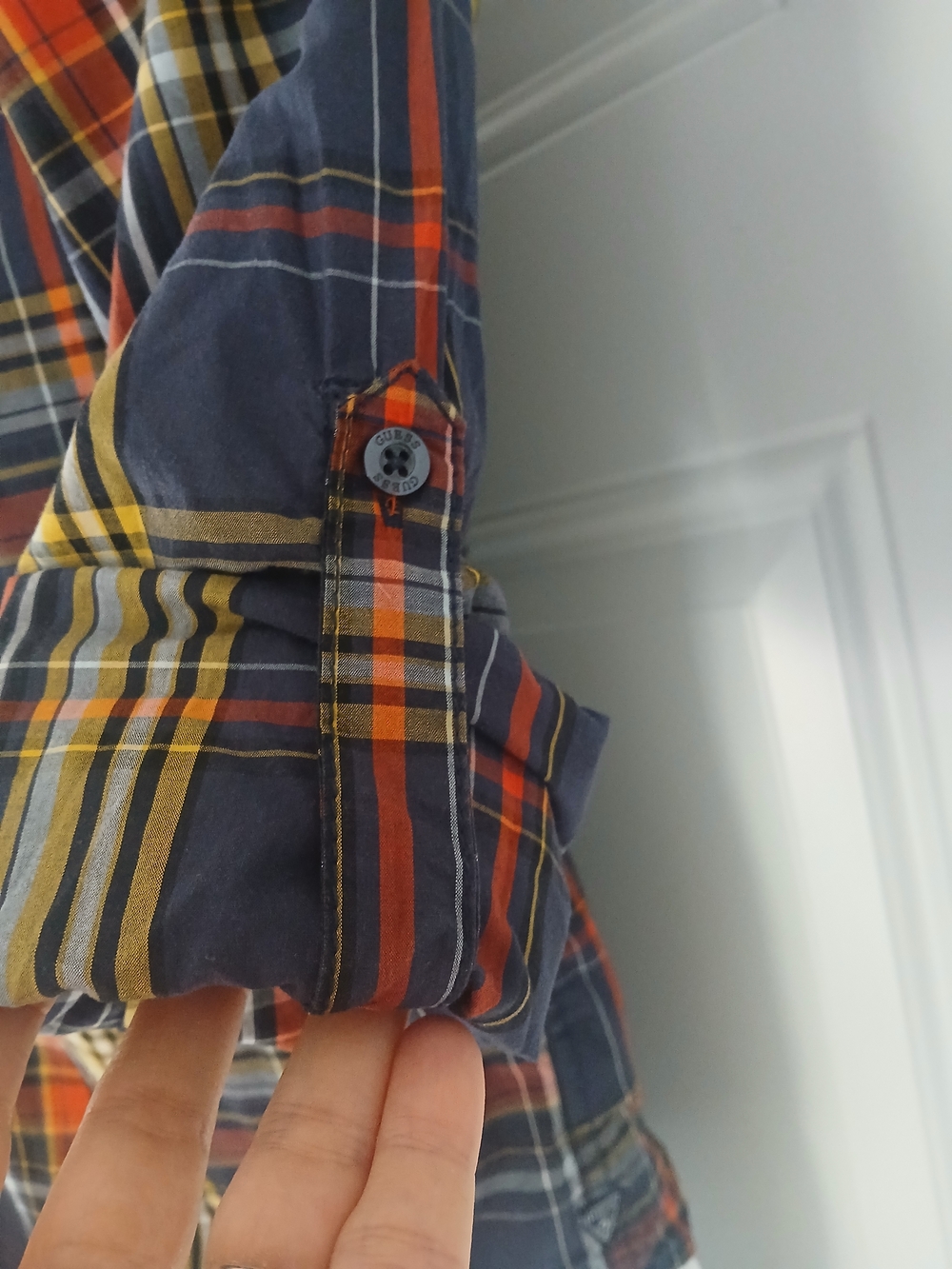 Guess Men's Plaid Button-Down Shirt in Navy, Red & Yellow - Picture 7 of 14